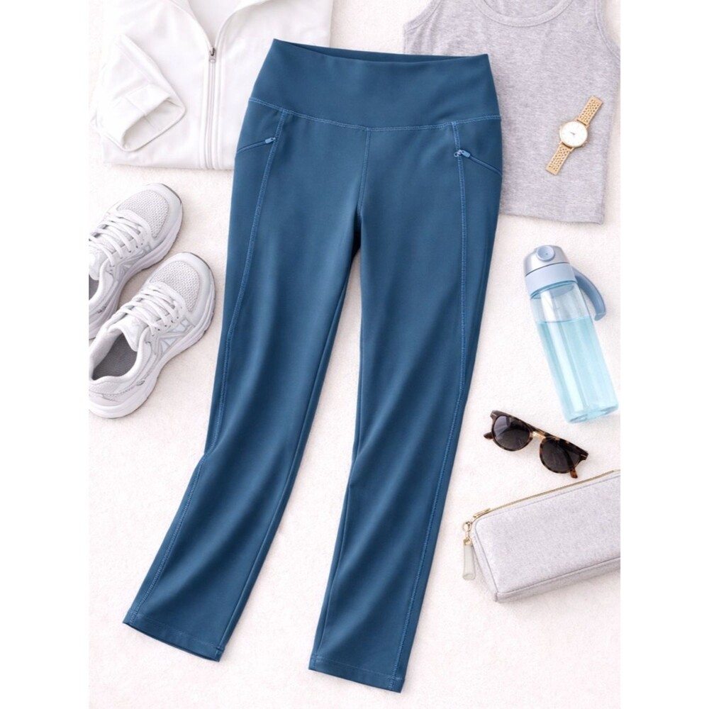 Eddie Bauer Trail Tight Leggings L Blue High Rise Zip Pockets Hiking Gorpcore